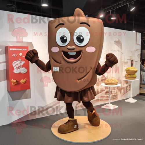 Personnage De Costume De Mascotte Redbrokoly De Barre De Chocolat Marron Habillé D'un Short De Course Et De Porte-Monnaie