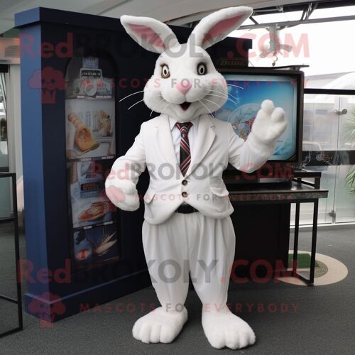 Personnage De Costume De Mascotte Redbrokoly De Lapin Blanc Habillé D'un T-Shirt À Manches Longues Et D'épingles À Cravate