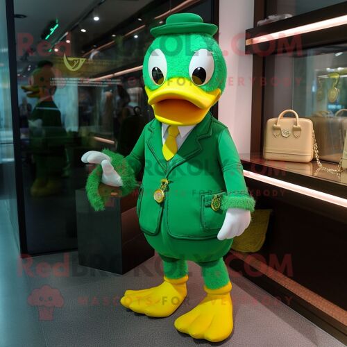 Personnage De Costume De Mascotte Redbrokoly De Canard Vert Habillé D'un Costume Et De Porte-Clés