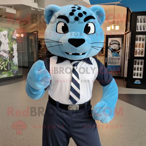 Personnage De Costume De Mascotte Redbrokoly De Jaguar Bleu Habillé D'une Chemise De Ville Et De Bretelles