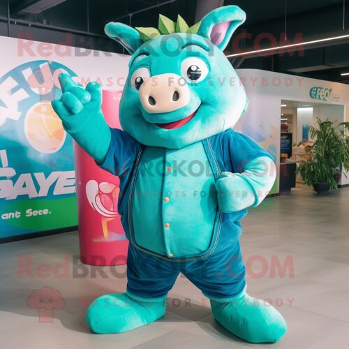 Costume De Mascotte Redbrokoly Teal Sow Habillé Avec Un Jean Flare Et Des Bagues