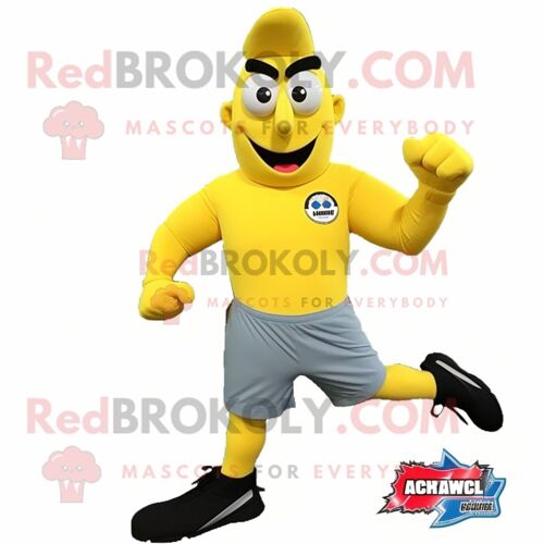 Personnage De Costume De Mascotte Redbrokoly De Soldat De L'armée De L'air Jaune Citron Vêtu D'un Short De Course Et De Pinces À Chaussures