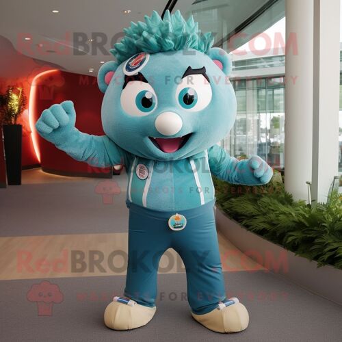 Costume De Mascotte Redbrokoly Teal Sow Habillé Avec Un Jean Flare Et Des Bagues