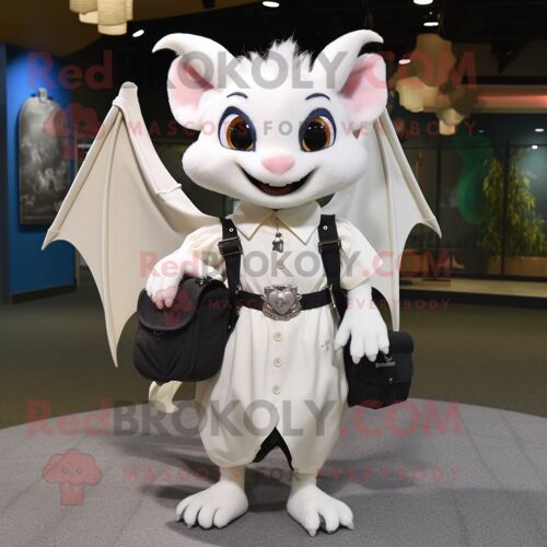 Personnage De Costume De Mascotte Redbrokoly De Chauve-Souris Blanche Habillé D'une Robe De Soirée Et De Sacs À Dos
