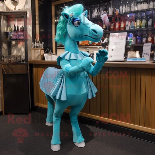 Mascotte Redbrokoly De Personnage De Cheval Turquoise Habillé D'une Robe De Cocktail Et De Gants