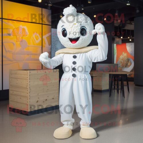 Personnage De Costume De Mascotte Redbrokoly De Pop Corn Blanc Habillé D'une Combinaison Et D'anneaux