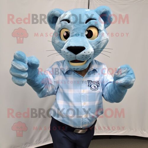 Personnage De Costume De Mascotte Redbrokoly De Lion De Montagne Bleu Ciel Habillé D'une Chemise Boutonnée Et De Pinces À Cheveux