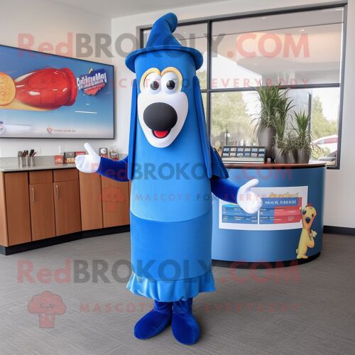 Personnage De Costume De Mascotte Redbrokoly Hot Dog Bleu Habillé D'une Jupe Crayon Et D'épingles À Chapeau