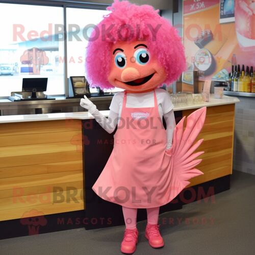 Personnage De Costume De Mascotte Redbrokoly Fish And Chips Rose Habillé D'une Jupe Et De Pinces À Cheveux