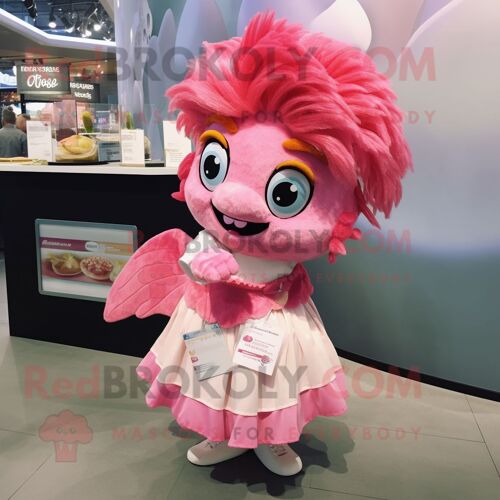 Personnage De Costume De Mascotte Redbrokoly Fish And Chips Rose Habillé D'une Jupe Et De Pinces À Cheveux