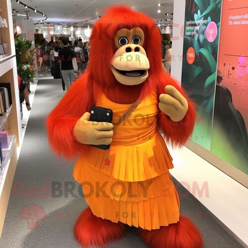 Costume De Mascotte Redbrokoly D'orang-Outan Orange Habillé D'une Jupe Et De Pochettes
