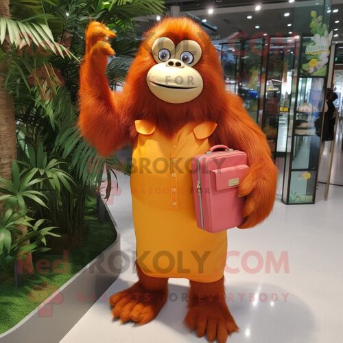 Costume De Mascotte Redbrokoly D'orang-Outan Orange Habillé D'une Jupe Et De Pochettes