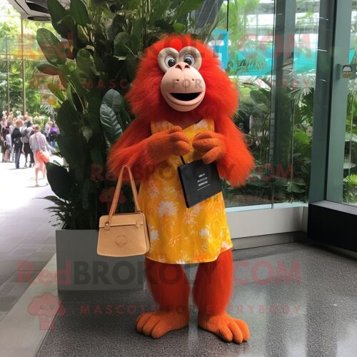 Costume De Mascotte Redbrokoly D'orang-Outan Orange Habillé D'une Jupe Et De Pochettes