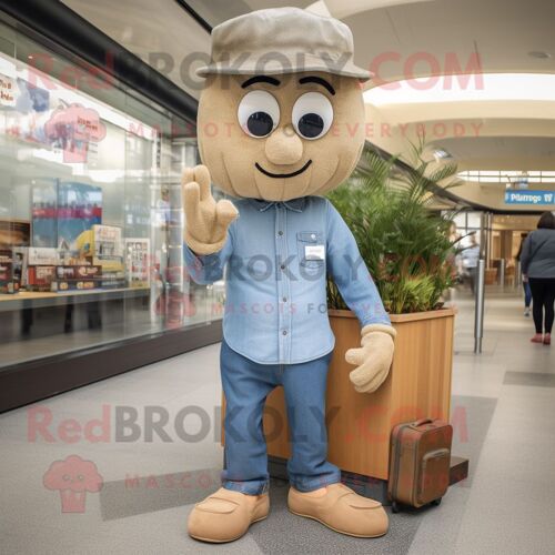 Personnage De Costume De Mascotte Redbrokoly Aglet Bronzé Habillé D'une Chemise En Jean Et De Pochettes