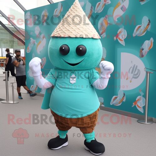 Personnage De Costume De Mascotte Redbrokoly De Cornet De Crème Glacée Bleu Sarcelle Vêtu D'un Short Cargo Et D'épingles À Châle