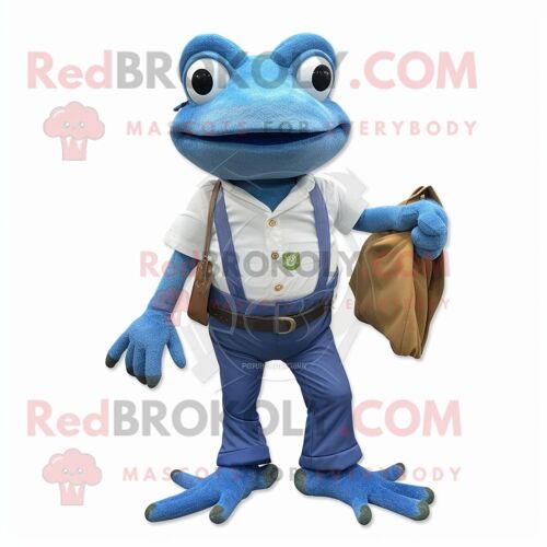 Mascotte Redbrokoly De Grenouille Bleue Habillée D'un Jean Bootcut Et De Portefeuilles