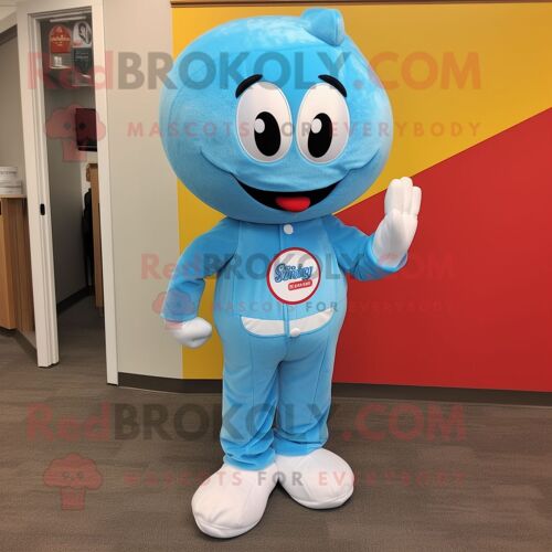 Personnage De Costume De Mascotte Redbrokoly Sky Blue Gumball Machine Habillé D'un Pantalon En Velours Côtelé Et De Lacets De Chaussures