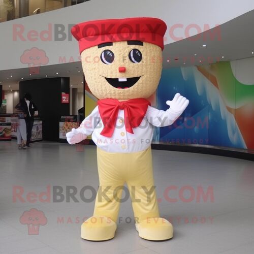 Personnage De Costume De Mascotte Redbrokoly De Pop Corn Habillé Avec Un Jean Et Des Wraps
