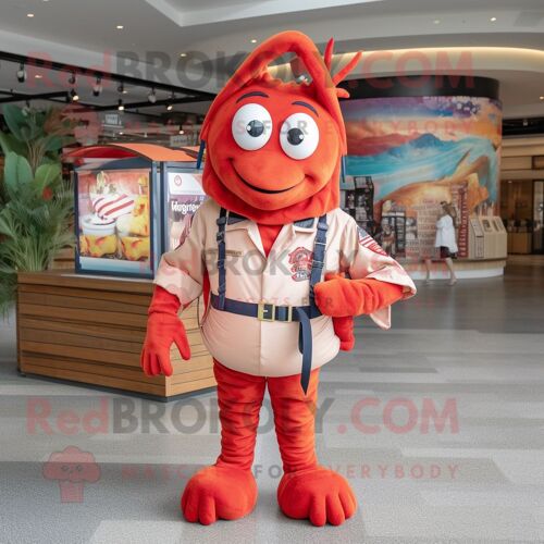 Personnage De Costume De Mascotte Redbrokoly De Crevette Rouge Scampi Habillé D'un Pantalon Cargo Et De Bracelets