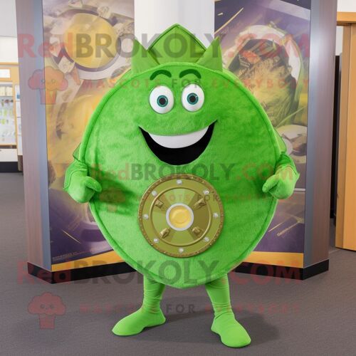 Personnage De Costume De Mascotte Redbrokoly De Bouclier Celtique Vert Citron Vêtu D'un Pantalon En Velours Côtelé Et De Porte-Documents
