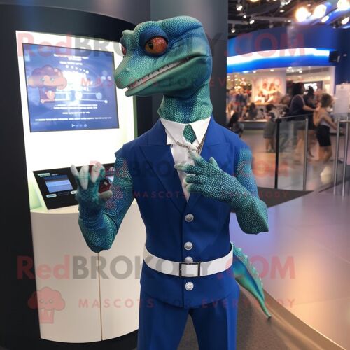 Personnage De Costume De Mascotte Redbrokoly De Lézard Bleu Marine Habillé D'une Robe Taille Empire Et De Montres Connectées