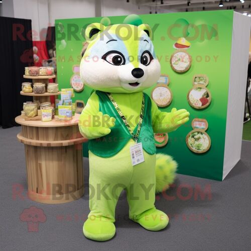 Personnage De Costume De Mascotte Redbrokoly De Furet Vert Citron Vêtu D'un Jean Évasé Et De Porte-Monnaie