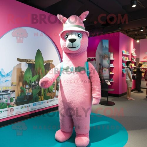 Personnage De Costume De Mascotte Redbrokoly De Lama Rose Habillé D'un Cover-Up Et De Bérets