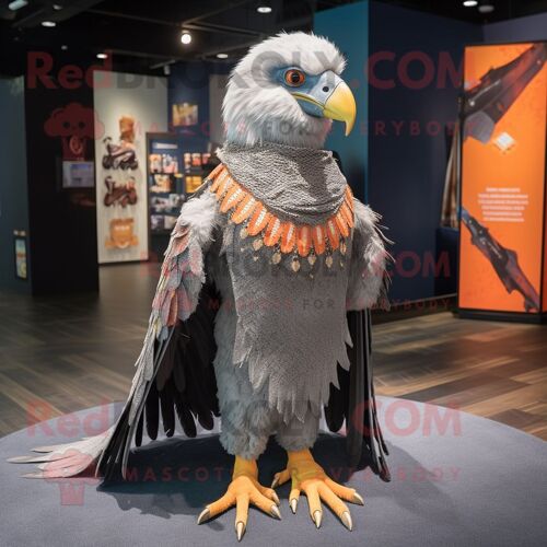 Personnage De Costume De Mascotte Redbrokoly D'aigle Gris Habillé D'un T-Shirt Graphique Et De Châles