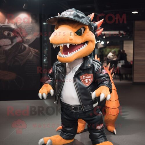 Personnage De Costume De Mascotte Redbrokoly De Dragon De Pêche Habillé D'une Veste De Motard Et De Bérets