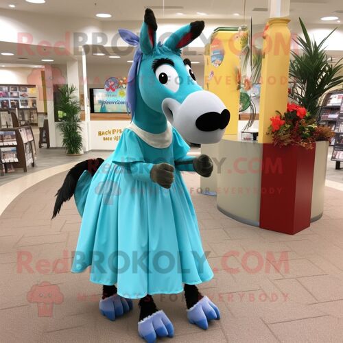 Personnage De Costume De Mascotte Redbrokoly D'âne Turquoise Habillé D'une Jupe Longue Et De Pinces À Chaussures
