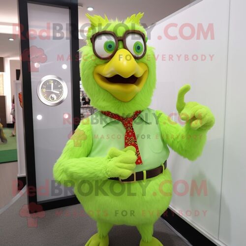 Personnage De Costume De Mascotte Redbrokoly De Poulet Vert Citron Vêtu D'une Chemise Boutonnée Et De Montres-Bracelets