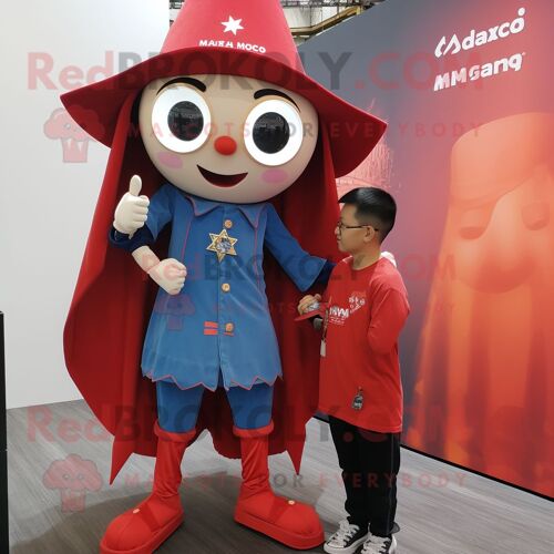 Personnage De Costume De Mascotte Redbrokoly De Magicien Rouge Habillé D'un Short En Jean Et De Montres Connectées