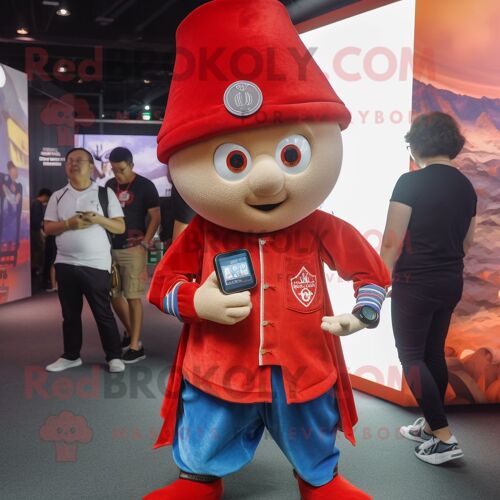 Personnage De Costume De Mascotte Redbrokoly De Magicien Rouge Habillé D'un Short En Jean Et De Montres Connectées