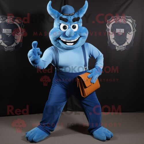 Mascotte Redbrokoly De Diable Bleu Personnage Déguisé Avec Un Jean Mom Et Des Portefeuilles