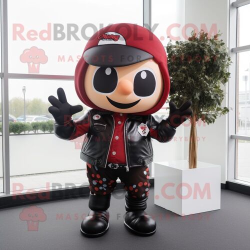 Personnage De Costume De Mascotte Redbrokoly Cherry Habillé D'une Veste De Motard Et De Casquettes