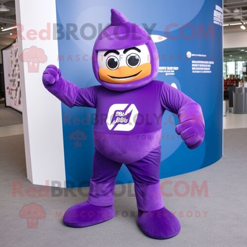 Personnage De Costume De Mascotte Redbrokoly De Super-Héros Violet Habillé D'une Barboteuse Et De Bonnets