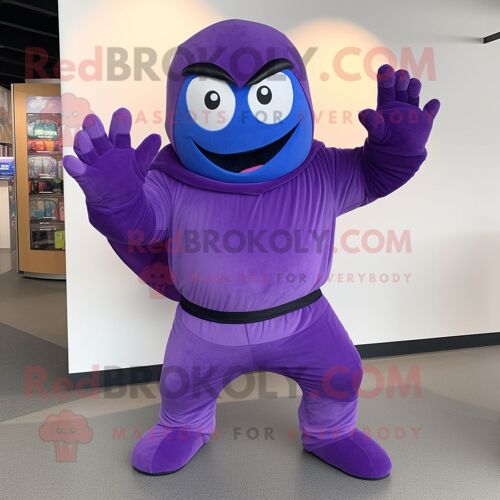 Personnage De Costume De Mascotte Redbrokoly De Super-Héros Violet Habillé D'une Barboteuse Et De Bonnets