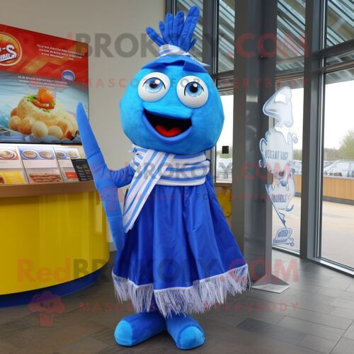 Personnage De Costume De Mascotte Redbrokoly Blue Fish And Chips Habillé D'une Jupe Portefeuille Et De Clips D'écharpe