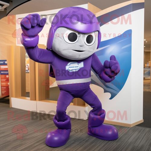 Personnage De Costume De Mascotte Redbrokoly De Super-Héros Violet Habillé D'une Barboteuse Et De Bonnets