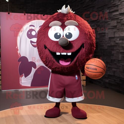 Personnage De Costume De Mascotte Redbrokoly De Ballon De Basket-Ball Marron Habillé D'une Chemise En Popeline Et De Bandeaux