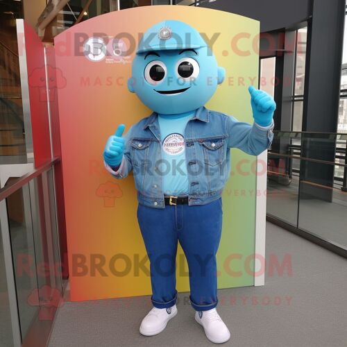 Personnage De Costume De Mascotte Redbrokoly Arc-En-Ciel Cyan Habillé D'une Chemise En Jean Et De Montres Intelligentes