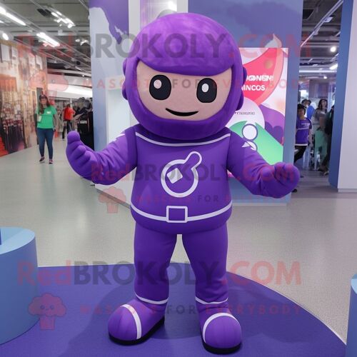 Personnage De Costume De Mascotte Redbrokoly De Super-Héros Violet Habillé D'une Barboteuse Et De Bonnets
