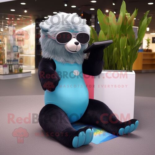 Personnage De Costume De Mascotte Redbrokoly D'ours Paresseux Cyan Habillé D'un Pantalon De Yoga Et De Lunettes De Lecture