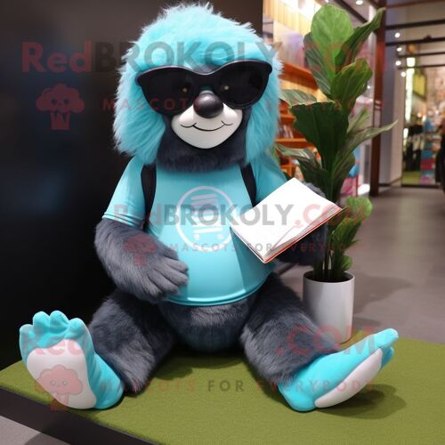 Personnage De Costume De Mascotte Redbrokoly D'ours Paresseux Cyan Habillé D'un Pantalon De Yoga Et De Lunettes De Lecture