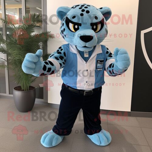 Personnage De Costume De Mascotte Redbrokoly De Jaguar Bleu Habillé D'une Chemise De Ville Et De Bretelles