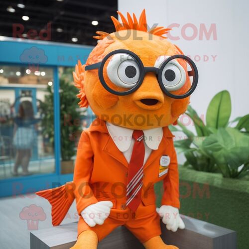 Personnage De Costume De Mascotte Redbrokoly De Poisson Rouge Orange Habillé D'un Gilet Et De Lunettes