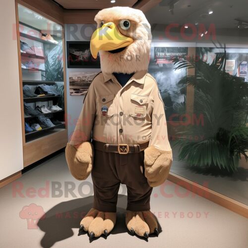 Personnage De Costume De Mascotte Redbrokoly D'aigle À Tête Blanche Habillé D'un Pantalon Et D'une Casquette En Velours Côtelé