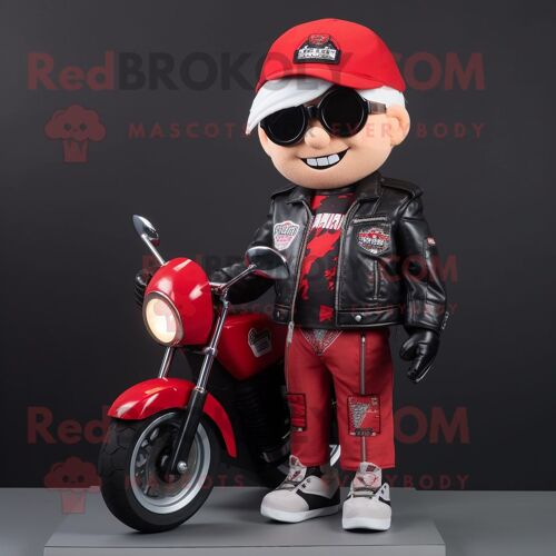 Personnage De Costume De Mascotte Redbrokoly Cherry Habillé D'une Veste De Motard Et De Casquettes