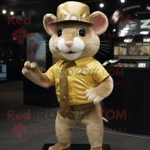 Personnage De Costume De Mascotte Redbrokoly De Rat D'or Habillé D'un Débardeur Et D'épingles À Chapeau