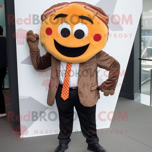 Personnage De Costume De Mascotte Redbrokoly De Tranche De Pizza Marron Habillé D'un Blazer Et De Bandeaux
